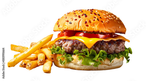 A vibrant food photography of tasty appetizing slider with fries and condiments Viewed from eye level on background, transparent background, PNG file, Generative AI illustrations.	
