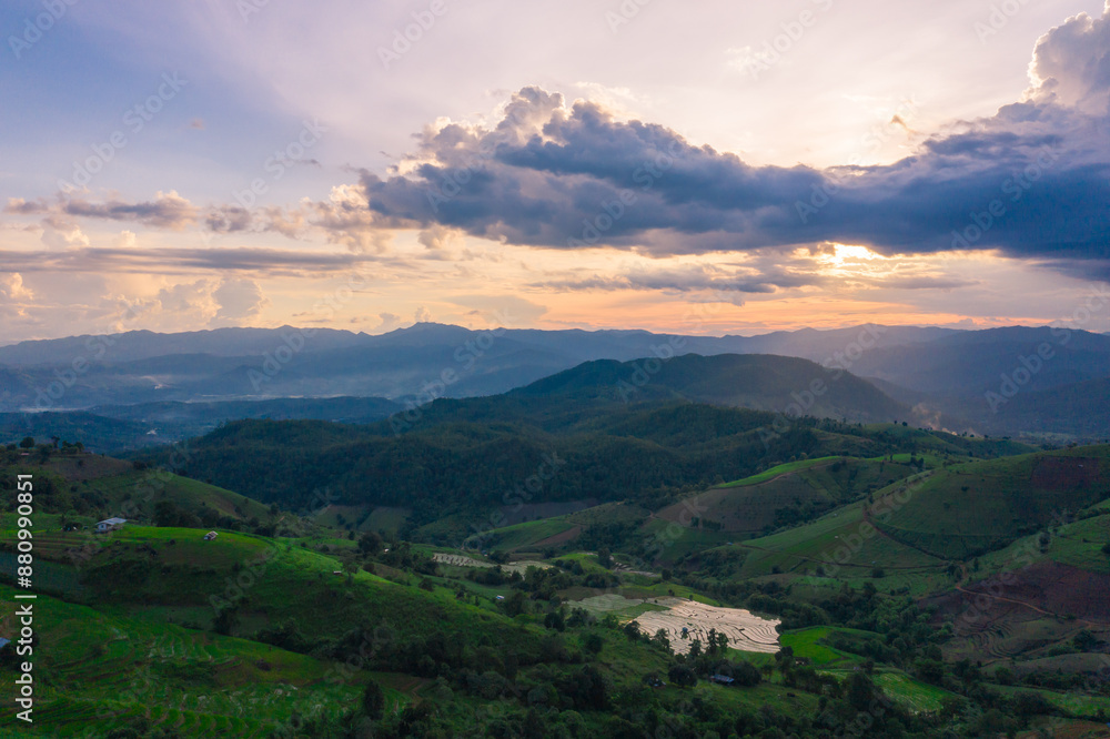 Golden time of sunset at Rice terrace in Baan-Pa-Bong-Piang, Chiangmai,Thailand Golden time of sunset at Rice terrace in Baan-Pa-Bong-Piang, Chiangmai,Thailand
