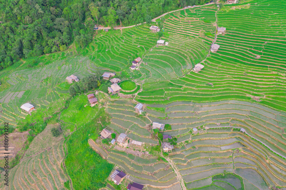 Aerial view of rice field Pa Bong Piang Rice Terraces at Pa Bong Piang village in Mae Cham, Chiangmai, Thailand. Aerial view of rice field Pa Bong Piang Rice Terraces at Pa Bong Piang village in Mae Cham, Chiangmai, Thailand.