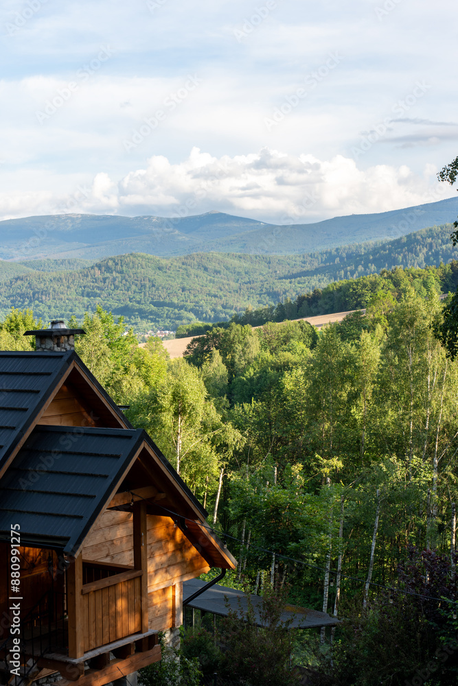 Stylish wooden cabin in the mountains. Vacation cabin. Look at the mountains and relax, quiet moment, summer vacation concept, place for text. Vertical photo. High quality photo Stylish wooden cabin in the mountains. Vacation cabin. Look at the mountains and relax, quiet moment, summer vacation concept, place for text. Vertical photo. High quality photo