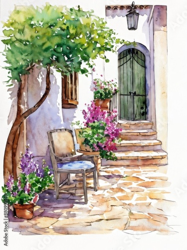 Fototapeta Naklejka Na Ścianę i Meble -  watercolor landscape, streets of summer southern city, flowers on the street, sketch style