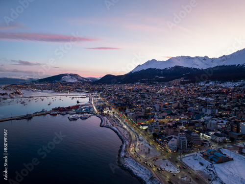 Aerial view of the City of Ushuaia at sunset.