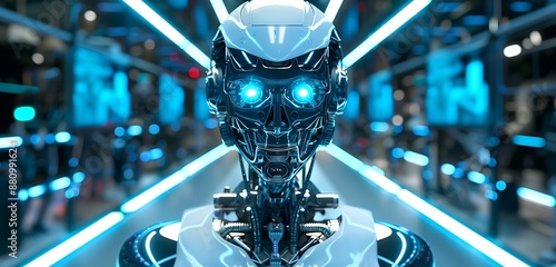 A futuristic robot-themed 3D art gallery with advanced mechanical sculptures and digital displays photo