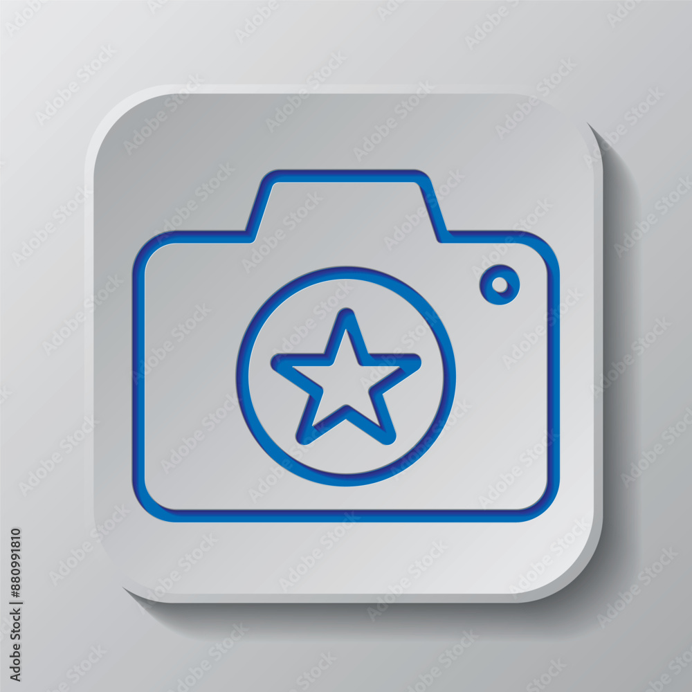 Photo camera with star simple icon vector. Flat design. Paper cut design. Cutted blue symbol with shadow. Gray badge button, gray background Photo camera with star simple icon vector. Flat design. Paper cut design. Cutted blue symbol with shadow. Gray badge button, gray background