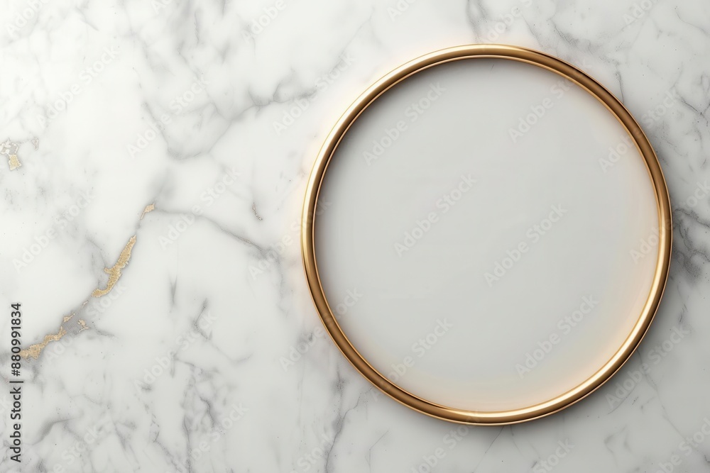 Minimalist round mirror with gold frame on elegant white marble background, ideal for modern interior and home decor themes. Minimalist round mirror with gold frame on elegant white marble background, ideal for modern interior and home decor themes.