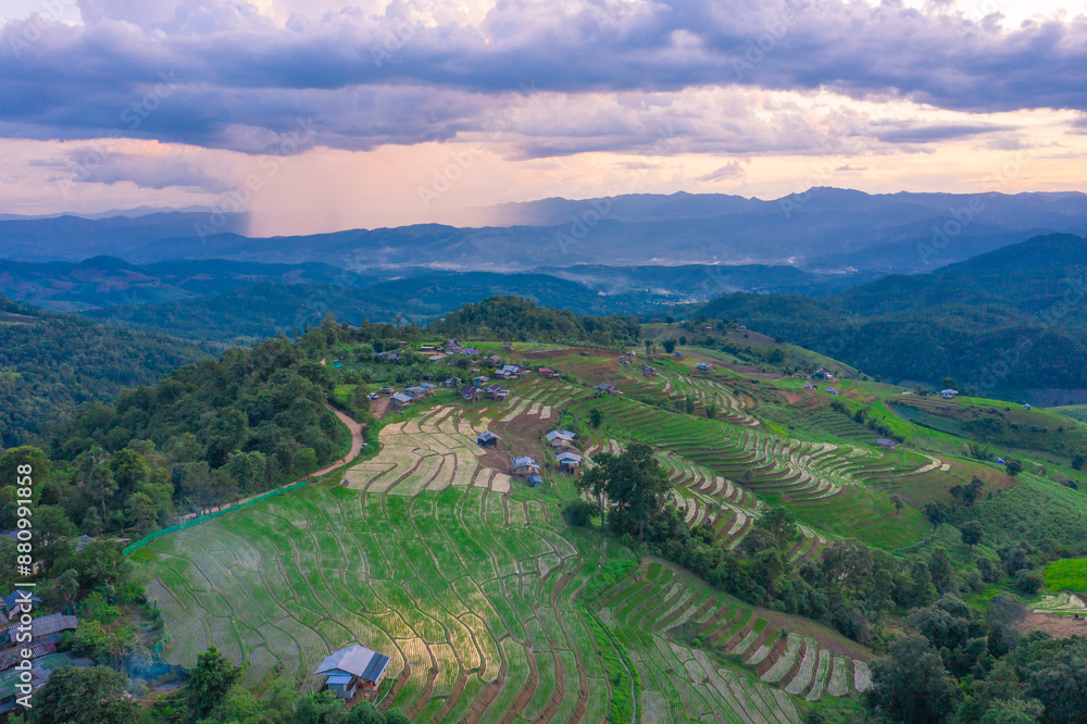 Golden time of sunset at Rice terrace in Baan-Pa-Bong-Piang, Chiangmai,Thailand Golden time of sunset at Rice terrace in Baan-Pa-Bong-Piang, Chiangmai,Thailand