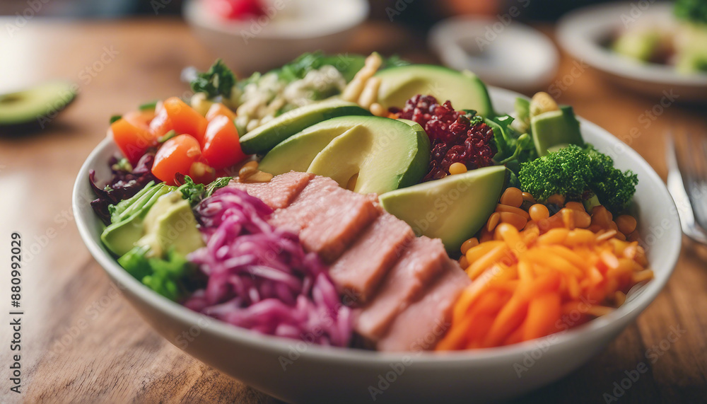 vibrant poke bowl with fresh tuna, avocado, and colorful vegetables
vibrant poke bowl with fresh tuna, avocado, and colorful vegetables