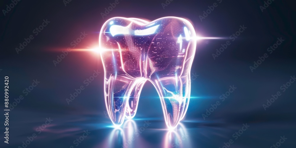 A 3D-rendered transparent tooth glowing with light effects, perfect for dental, healthcare, medical themes, and futuristic designs.
