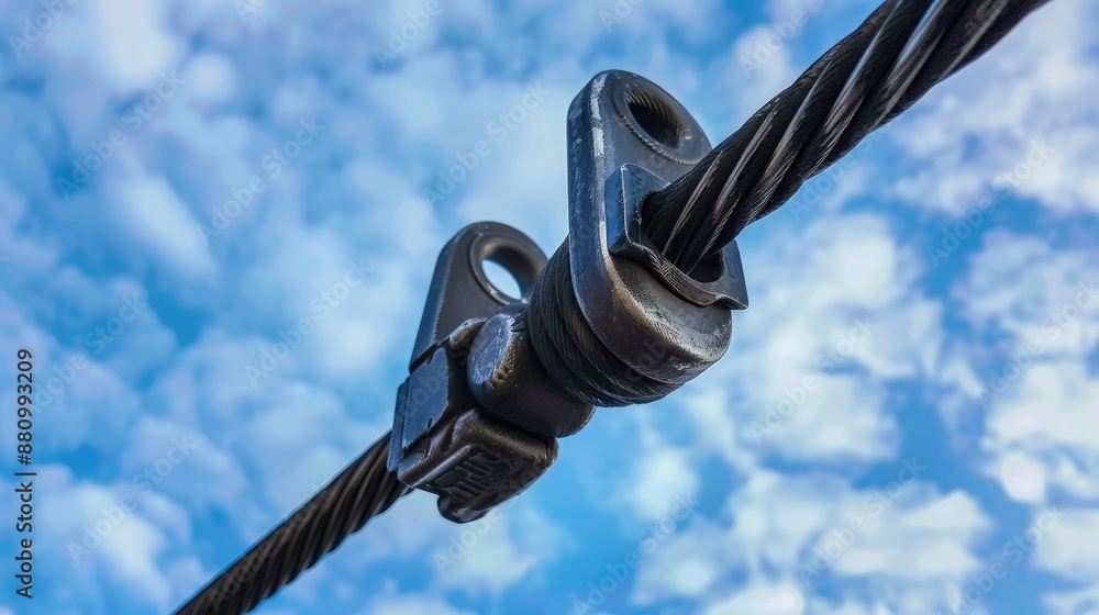 Industrial black turnbuckle with wire cable against sky background Industrial black turnbuckle with wire cable against sky background