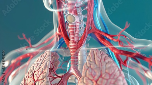 Detailed 3D illustration of the human trachea and bronchi, Human Body Anatomy, lower respiratory reference
