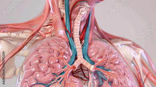 Detailed 3D illustration of the human trachea and bronchi, Human Body Anatomy, lower respiratory reference