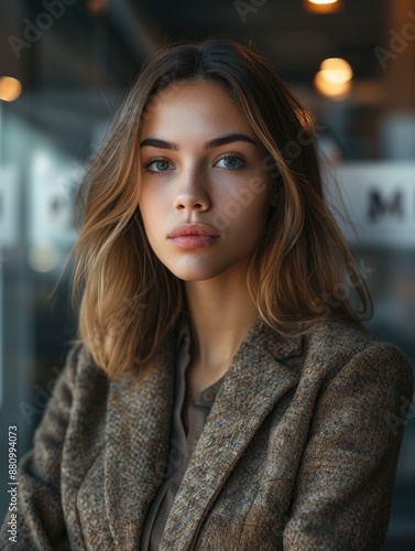 A woman with long hair wearing a casual jacket, suitable for a variety of uses including travel, outdoor activities or everyday life