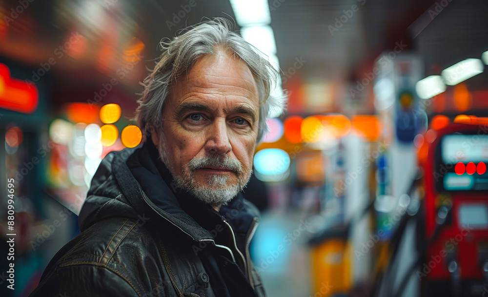 Man in Leather Jacket at a Gas Station Man in Leather Jacket at a Gas Station
