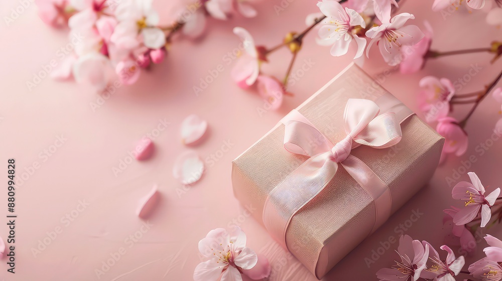 Small elegant present gift box with tiny pale pink satin ribbon decorated with blooming sakura flowers on pale pink background Small elegant present gift box with tiny pale pink satin ribbon decorated with blooming sakura flowers on pale pink background