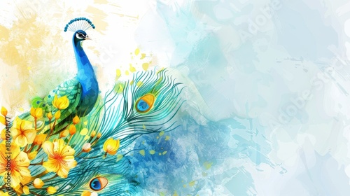 Peacock Watercolor Art Blue, Green, and Yellow Abstract Background, watercolor, peacock art, bird art, nature art photo