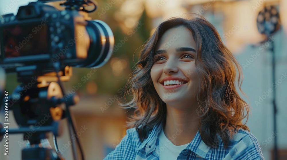 A woman with a warm smile stands in front of a camera, ready to be photographed A woman with a warm smile stands in front of a camera, ready to be photographed