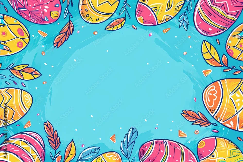 Colorful Easter eggs and leaves on a bright blue background Colorful Easter eggs and leaves on a bright blue background