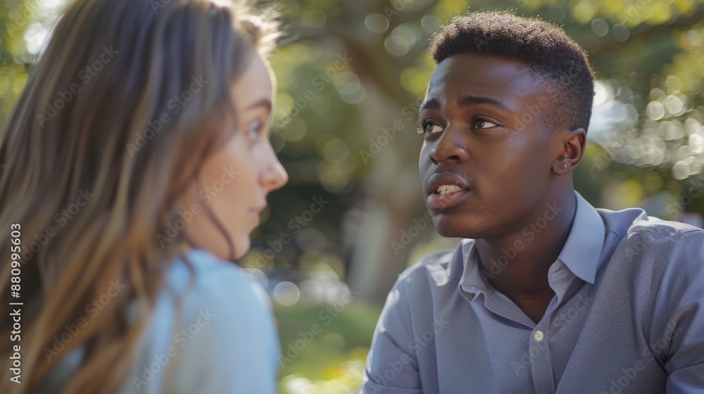 A man and a woman engaging in conversation outside A man and a woman engaging in conversation outside