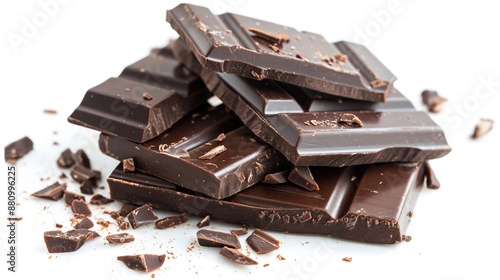 close up side view on brown broken cocoa chocolate bar chunks pile heap on white background	
