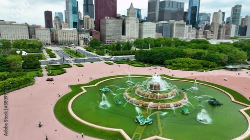 Drone Aerial of Buckingham Fountain, Grant Park in downtown Chicago 4K
