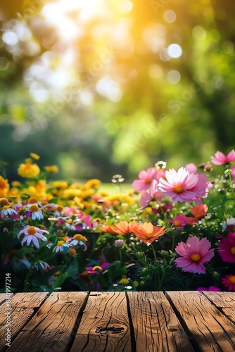 Wooden table with a blurred background of colorful flowers in soft sunlight © poom