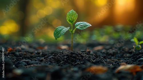 Young vibrant plant sprout emerging from rich dark soil with bokeh background, symbolizing growth and new beginnings in nature.