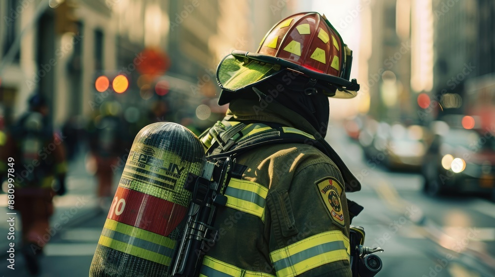 Close-up of fireman in city, back view, focus on gear, copy space, [fireman city], [emergency response]