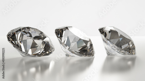 Três diamantes brilhantes, renderização 3D, isolado, fundo branco, pedra preciosa, joias, gema, diamante, reflexão, brilho