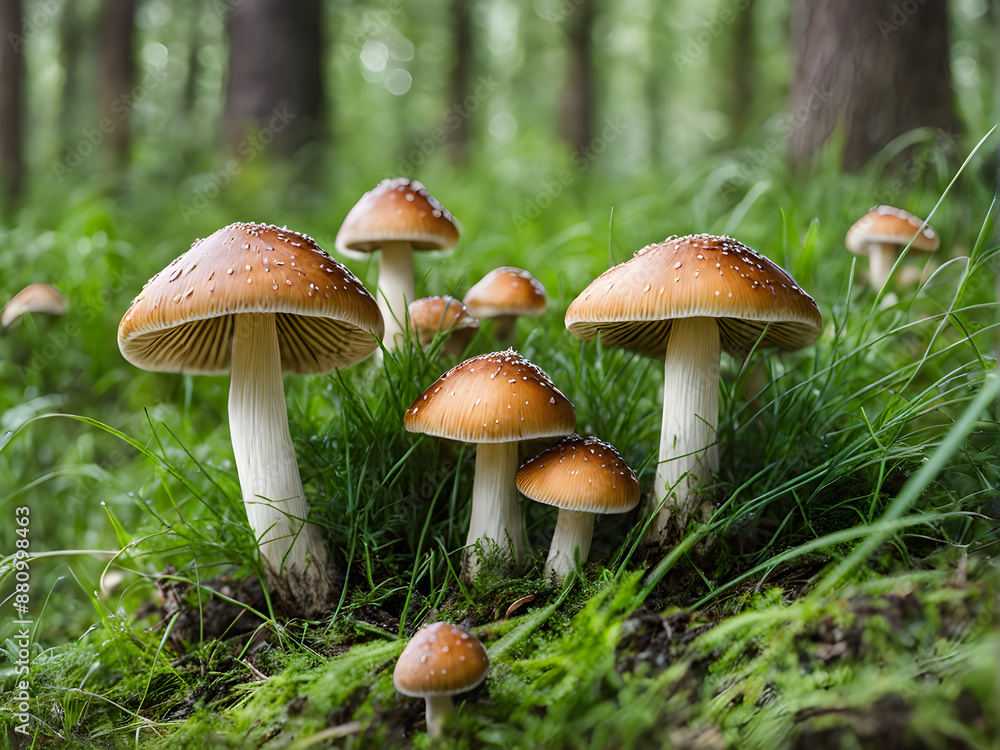 Nature's Bounty: A close-up of wild mushrooms growing in their natural habitat. generative AI Nature's Bounty: A close-up of wild mushrooms growing in their natural habitat. generative AI