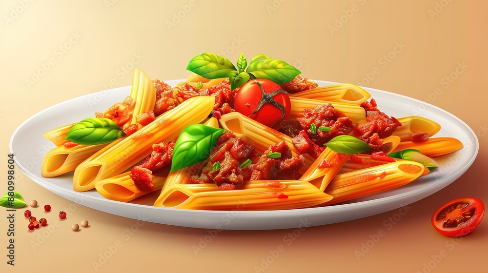 Spectacular Penne pasta with tomato sauce with sausage, tomatoes, green basil decorated in a frying pan