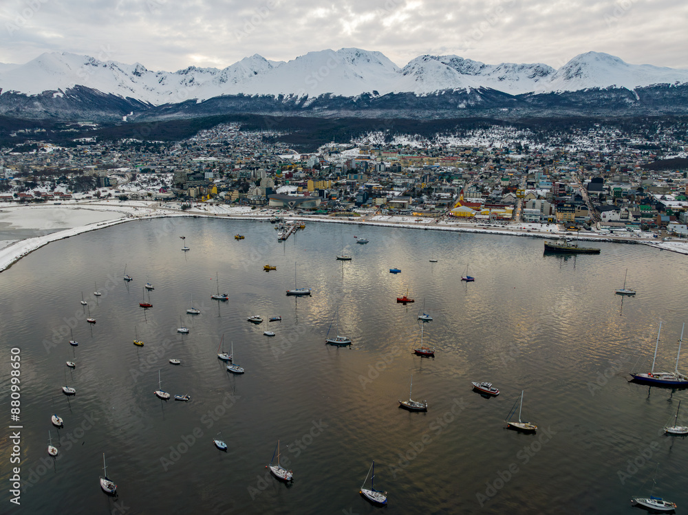 Aerial view of the City of Ushuaia at sunset. Aerial view of the City of Ushuaia at sunset.