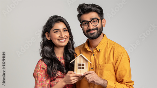 Happy Indian couple buying a house, Concept photo. Real estate.