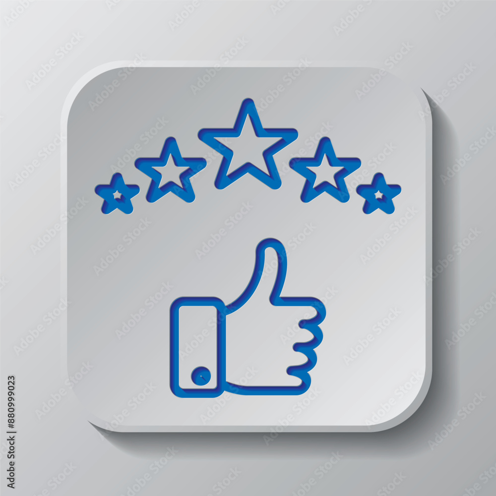Rate of service, five star simple icon vector. Flat design. Paper cut design. Cutted blue symbol with shadow. Gray badge button, gray background Rate of service, five star simple icon vector. Flat design. Paper cut design. Cutted blue symbol with shadow. Gray badge button, gray background