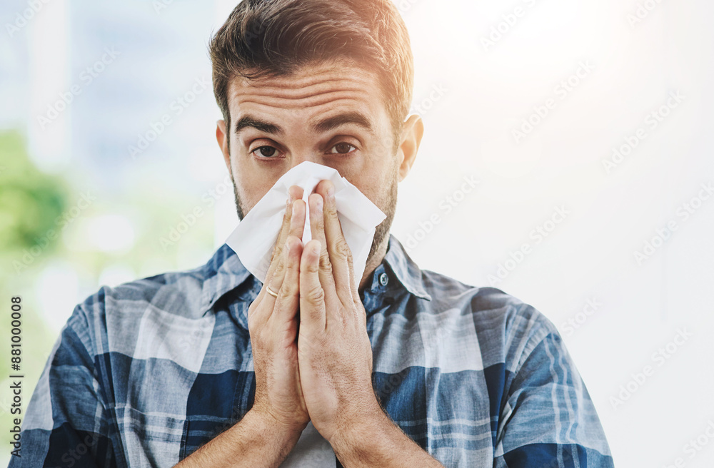 Φωτογραφία Sick, tissue and portrait of man blowing nose in city for health, wellness and relief for congestion