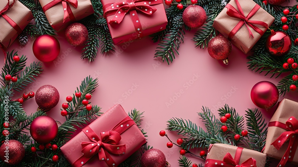 stylish christmas vertical banner template,gift boxes balls fir branches decorations on pink background flat lay top view stylish christmas vertical banner template,gift boxes balls fir branches decorations on pink background flat lay top view