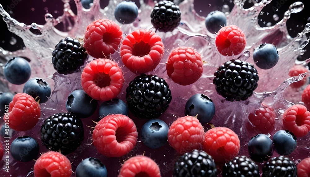 A captivating eruption of assorted berries - blackberries, raspberries, blueberries - as they shatter and release their vivid, flavorful juices backdrop A captivating eruption of assorted berries - blackberries, raspberries, blueberries - as they shatter and release their vivid, flavorful juices backdrop