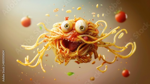 Spaghetti monster pasta flying halloween funny food pastafarian sauce cartoon. Pop spaghetti pasta monster dish scary head art spooky fun meatball humor tomato isolated atheist religious lunch holy photo