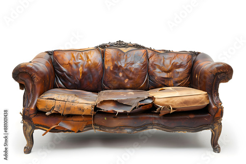 Torn and old distressed leather sofa isolated on a white background