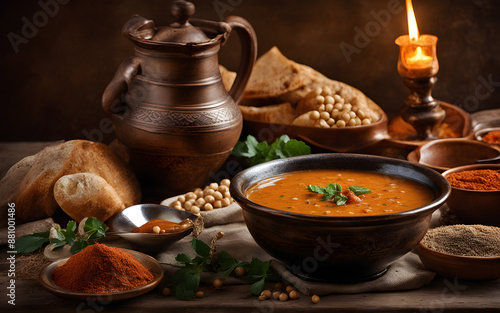 Tunisian lablabi, chickpea soup, harissa, crusty bread, deep bowl, old medina setting photo