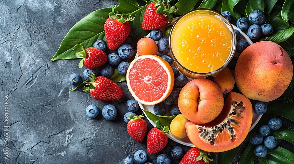 Fresh Juice with Colorful Fruits and Green Leaves Fresh Juice with Colorful Fruits and Green Leaves