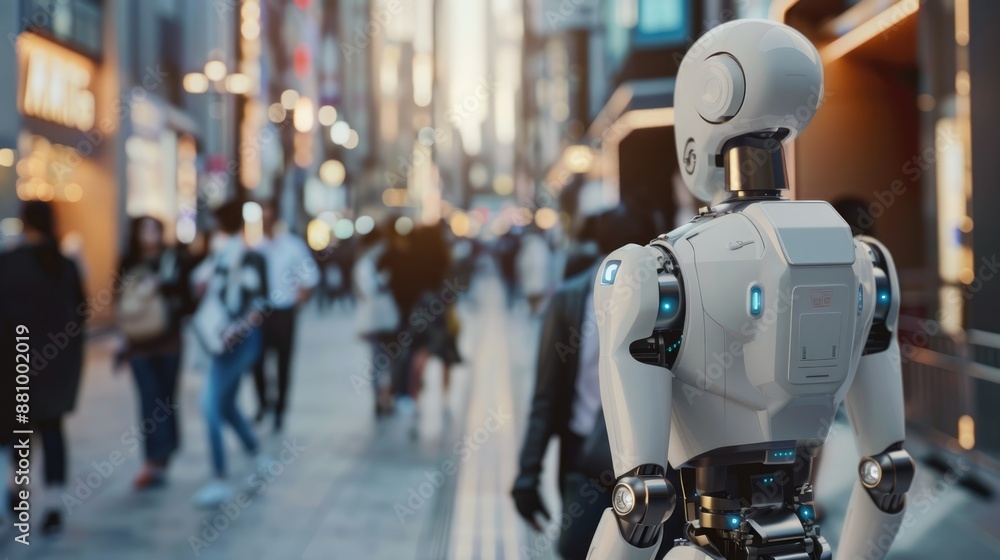 Robot android in the city street among people. Artificial intelligence technology concept. Hi-tech of the future Robot android in the city street among people. Artificial intelligence technology concept. Hi-tech of the future