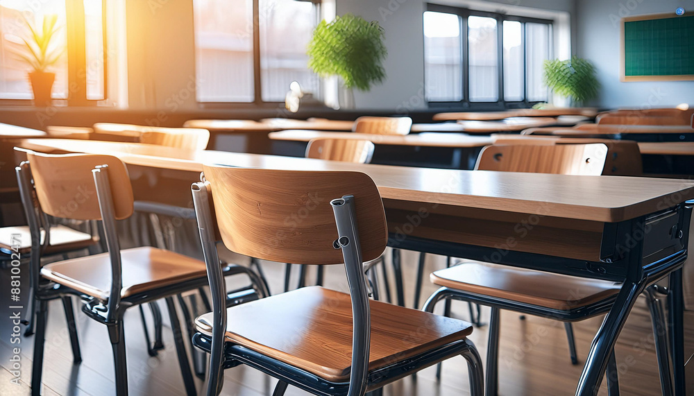 School clasroom with wooden furniture without kids at university with sunlight School clasroom with wooden furniture without kids at university with sunlight