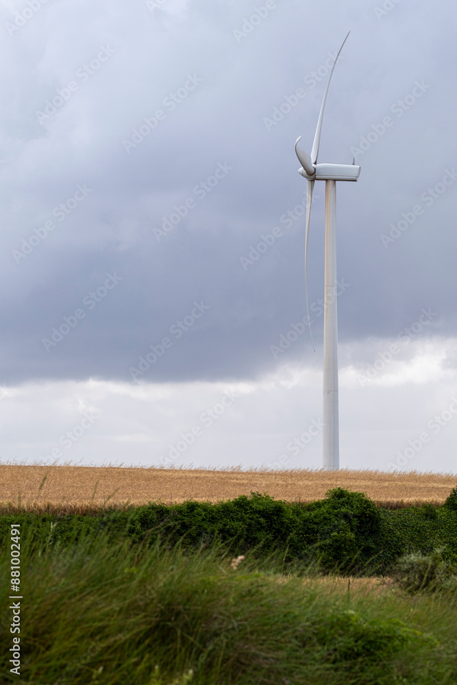 This image captures a single wind turbine towering over golden wheat fields with a backdrop of a cloudy, grey sky, depicting a harmonious blend of technology and nature in Tarragona in Spain This image captures a single wind turbine towering over golden wheat fields with a backdrop of a cloudy, grey sky, depicting a harmonious blend of technology and nature in Tarragona in Spain