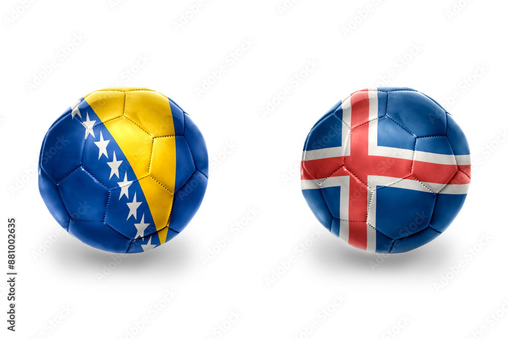 Obraz premium football balls with national flags of iceland and bosnia and herzegovina,soccer teams. on the white background.