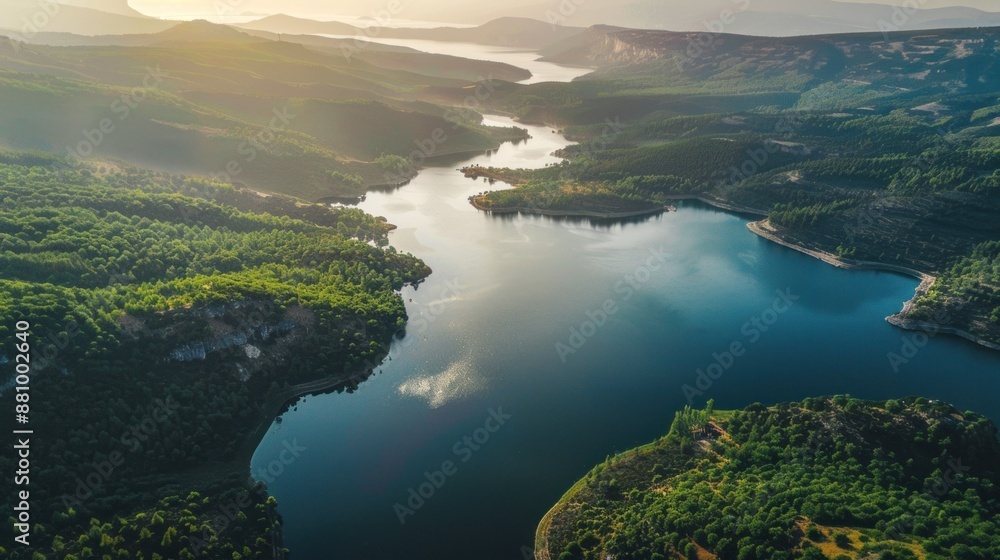 Aerial View of a Serene Lake Surrounded by Lush Green Hills Aerial View of a Serene Lake Surrounded by Lush Green Hills