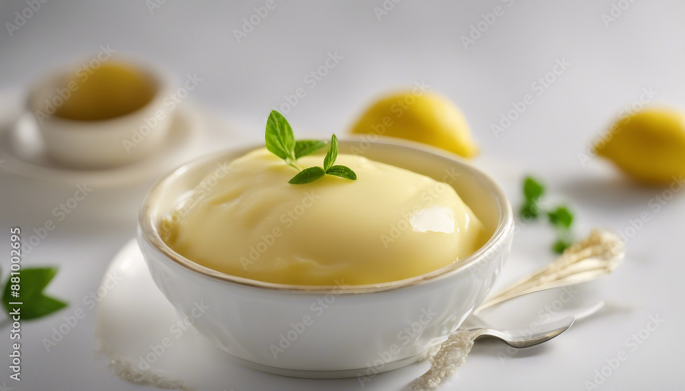 zesty lemon butter sauce in a small dish, garnished with a lemon twist, ad shot, copy space for text zesty lemon butter sauce in a small dish, garnished with a lemon twist, ad shot, copy space for text