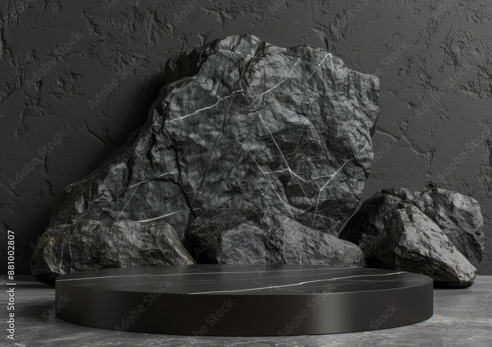 Naklejka premium 3d render of black stone podium with rock background