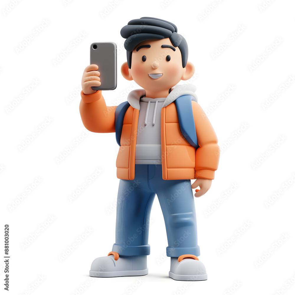 3d cartoon cute kid boy standing, using cell phone or taking a selfie, isolated on white background 3d cartoon cute kid boy standing, using cell phone or taking a selfie, isolated on white background