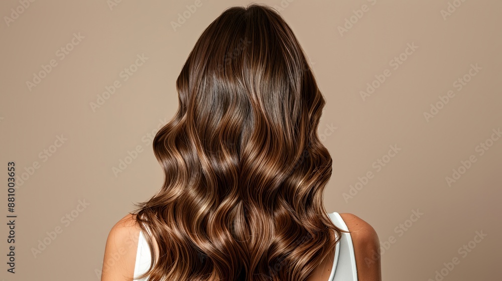 Fototapeta premium a woman with long wavy hair is shown from the back