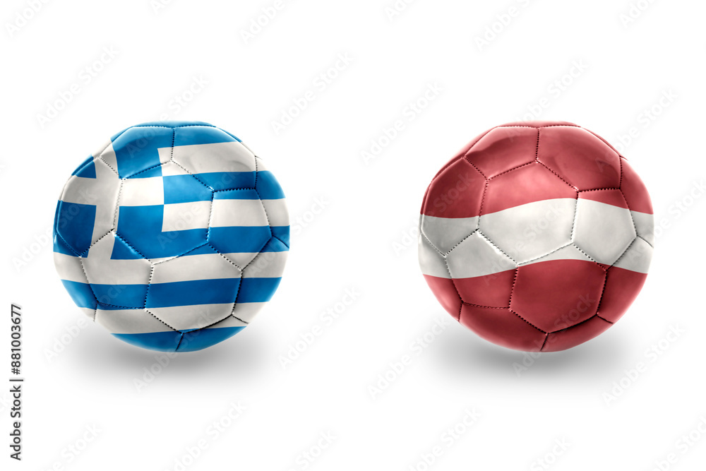 Obraz premium football balls with national flags of latvia and greece , soccer teams. on the white background.